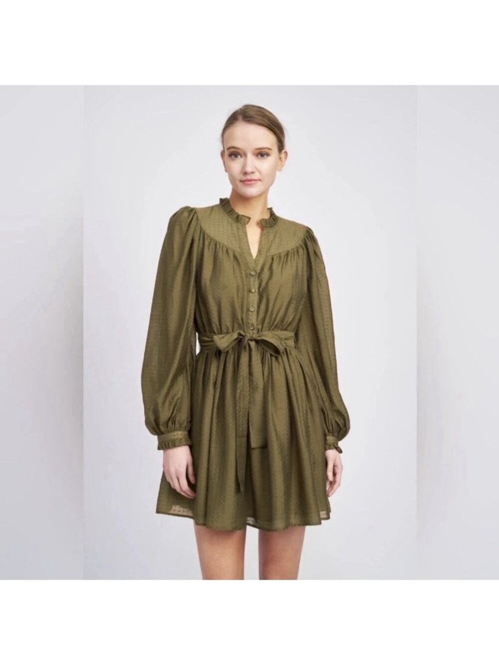 En Saison Dress Brea Mini Olive Size Medium Ruffled Neck Prairie Boho Western